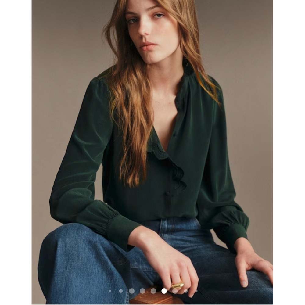 Sezane Chlo Silk Blouse Bottle Forest Green Ruffle Lace Collar Top Sz EU42 US10